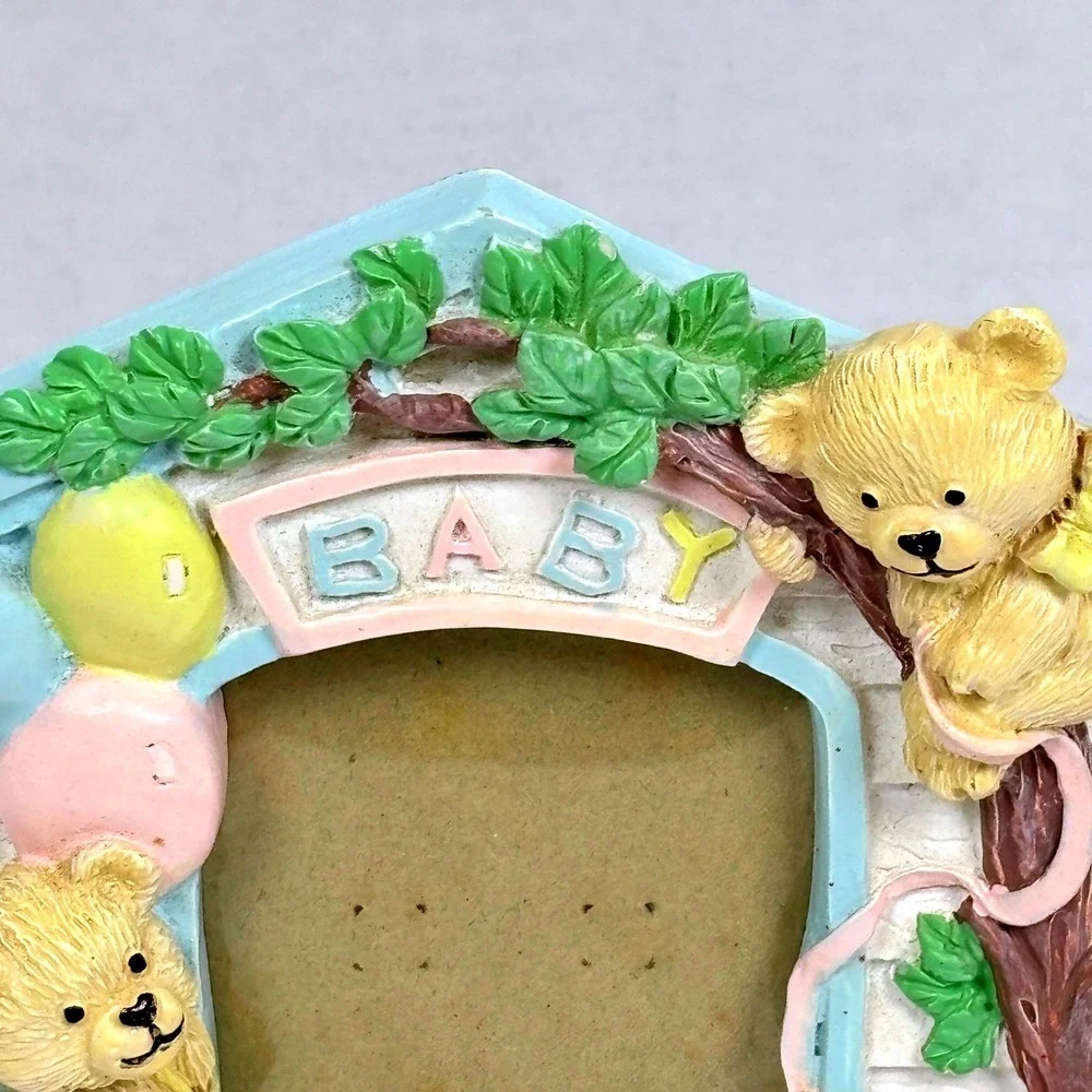 Vtg 90s Baby TeddyBear Photo Frame 3D Resin Nursery Decor Whimsical Keepsake